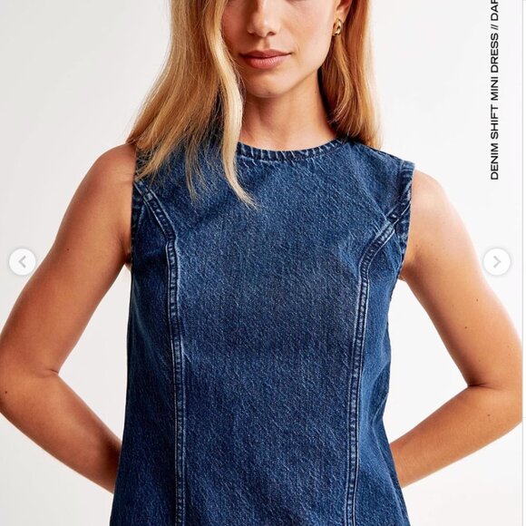 Abercrombie & Fitch Denim Shift Mini Dress Dark Wash - Picture 2 of 5